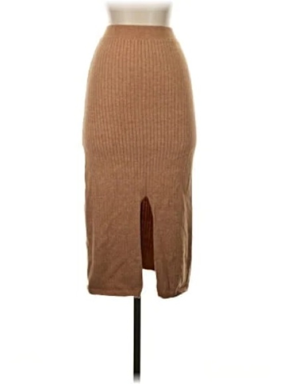 Free People Ribbed Midi Skirt with Front Slit - Tan